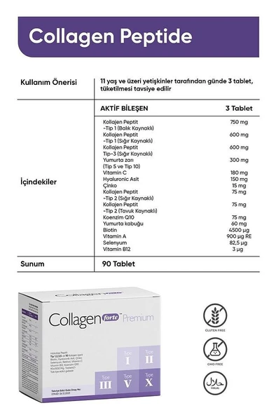 Collagen Forte Premium 5 Tip Kolajen, Biotin, Cinko, Selenyum, Retinol, C Vitamini, Vitamin B12, Koenzim Q10 - 90 Tablet - 3