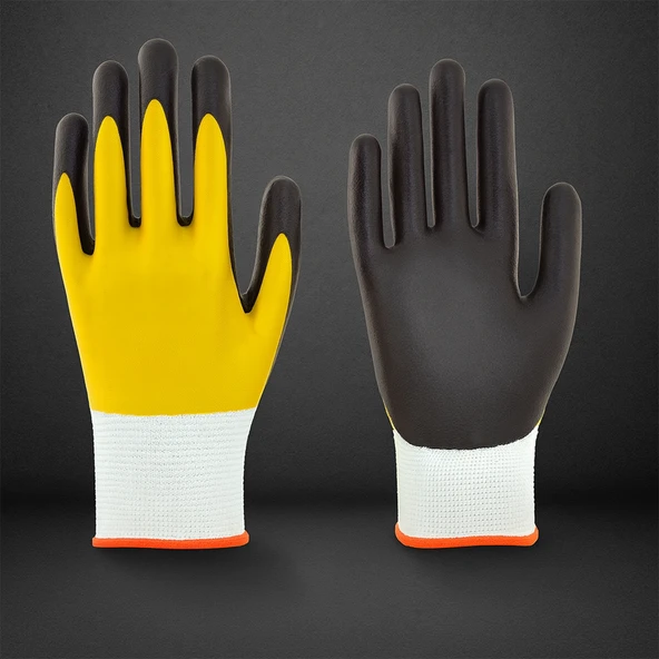 Çift Nitril Polyester Double Nitril İş Güvenlik İnşaat Eldiveni (Sarı-Siyah) No:9 L Beden - Resim 3