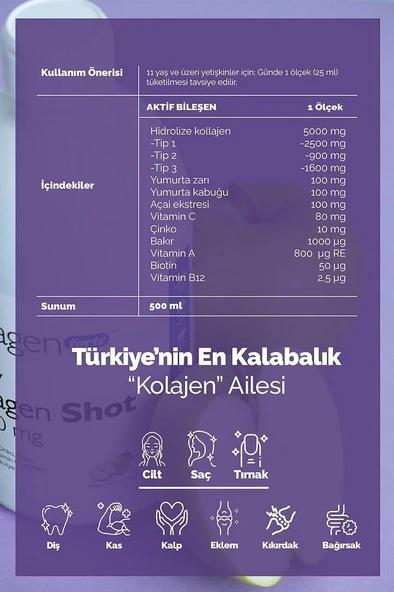Collagen Forte Platinum Collagen Shot 500ml, 5 Tip Sıvı Kolajen, Biotin, Vitamin B12, C Vitamini, Bakır, Retinol & Çinko - Resim 3