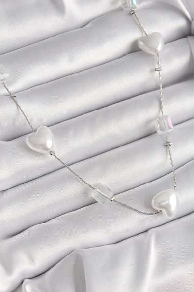 Pirinç Gümüş Renk Beyaz İnci Kalp Model Kadın Kolye ürün görseli 1