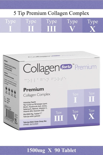 Collagen Forte Premium 5 Tip Kolajen, Biotin, Cinko, Selenyum, Retinol, C Vitamini, Vitamin B12, Koenzim Q10 - 90 Tablet - 1
