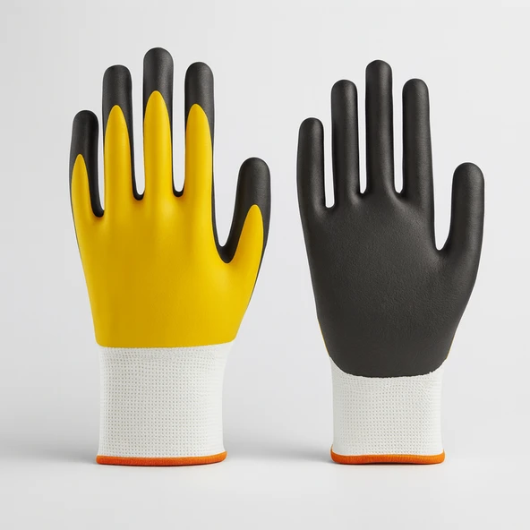 Çift Nitril Polyester Double Nitril İş Güvenlik İnşaat Eldiveni (Sarı-Siyah) No:9 L Beden ürün görseli