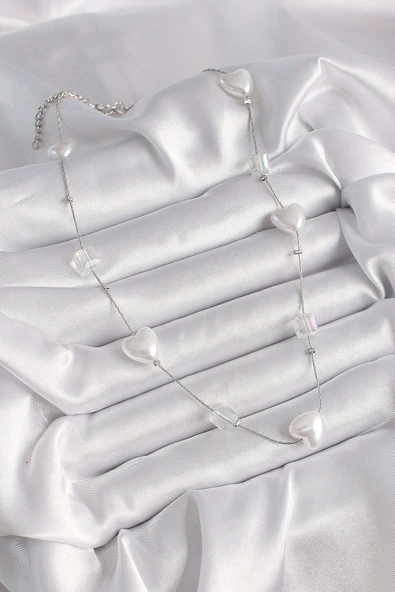 Pirinç Gümüş Renk Beyaz İnci Kalp Model Kadın Kolye - Resim 2