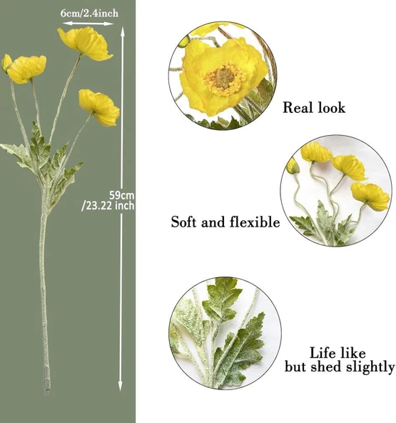 Yapay Çiçek Gelincik Çiçeği Sarı Renk 3 Çiçek 1 Tomurcuk 59Cm - Resim 6