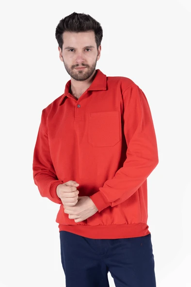 İki İplik Polo Yaka Cepli Sweatshirt - Resim 5