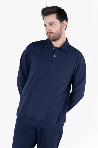 İki İplik Polo Yaka Cepli Sweatshirt - Resim 3