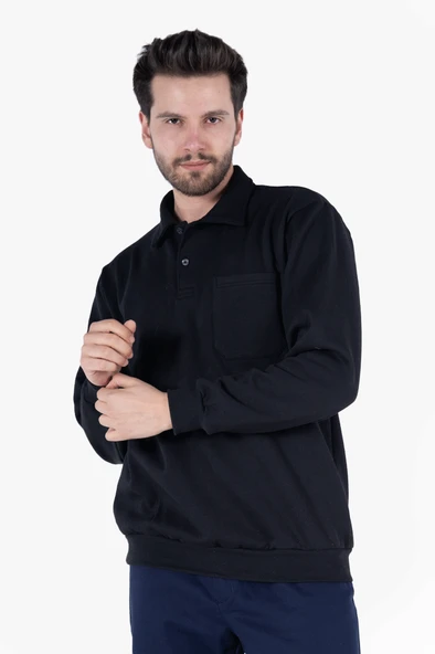 İki İplik Polo Yaka Cepli Sweatshirt - Resim 8
