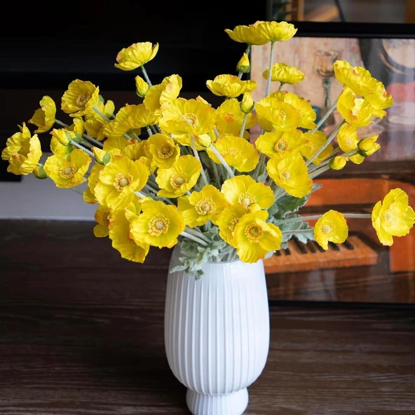 Yapay Çiçek Gelincik Çiçeği Sarı Renk 3 Çiçek 1 Tomurcuk 59Cm - Resim 5