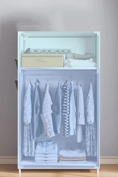 İronika Kalın Metal Borulu İskeletli Bez Gardrop Portatif Demonte Elbise Dolabı Bez Dolap Mavi - 3