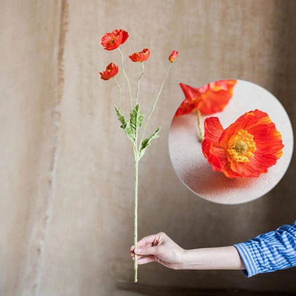 Yapay Çiçek Gelincik Çiçeği Kırmızı Renk 3 Çiçek 1 Tomurcuk 59Cm - Resim 2