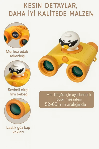 Yeni Nesil 8x25 Yüksek Çözünürlüklü Optik Lens Karikatür Karakter  Çocuklar teleskop Dürbün Sarı - 4