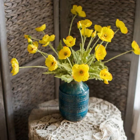 Yapay Çiçek Gelincik Çiçeği Sarı Renk 3 Çiçek 1 Tomurcuk 59Cm - Resim 4