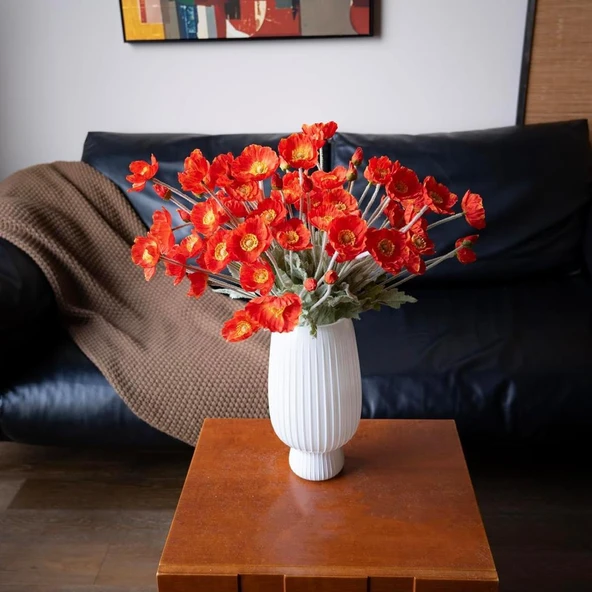 Yapay Çiçek Gelincik Çiçeği Kırmızı Renk 3 Çiçek 1 Tomurcuk 59Cm - Resim 4