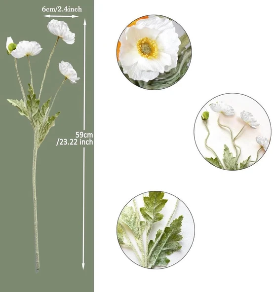 Yapay Çiçek Gelincik Çiçeği Beyaz Renk 3 Çiçek 1 Tomurcuk 59Cm - Resim 3