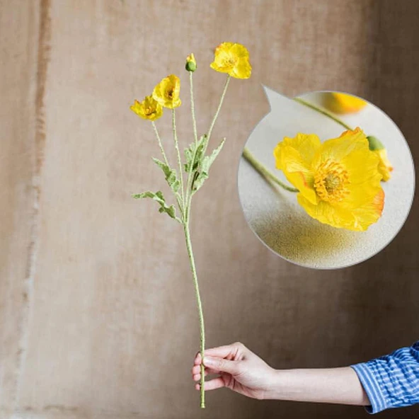 Yapay Çiçek Gelincik Çiçeği Sarı Renk 3 Çiçek 1 Tomurcuk 59Cm - Resim 2