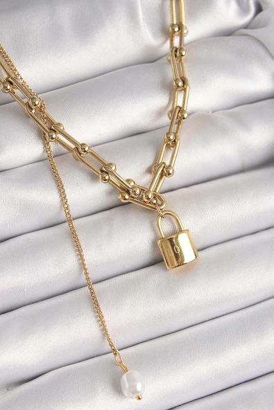 316L Çelik Gold Renk Tiffany Zincir Model Kilit Figür Sallantı İnci Detay Kadın Kolye ürün görseli 1