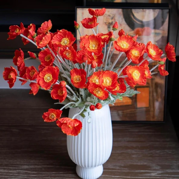 Yapay Çiçek Gelincik Çiçeği Kırmızı Renk 3 Çiçek 1 Tomurcuk 59Cm - Resim 8