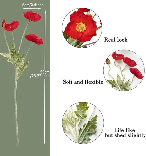 Yapay Çiçek Gelincik Çiçeği Kırmızı Renk 3 Çiçek 1 Tomurcuk 59Cm - Resim 5
