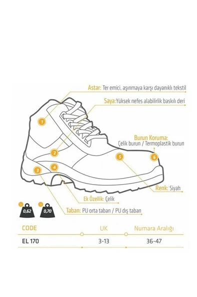 YDS EL 170 S3 Çelik Burunlu ve Çelik Tabanlı İş Güvenliği Botu - 3