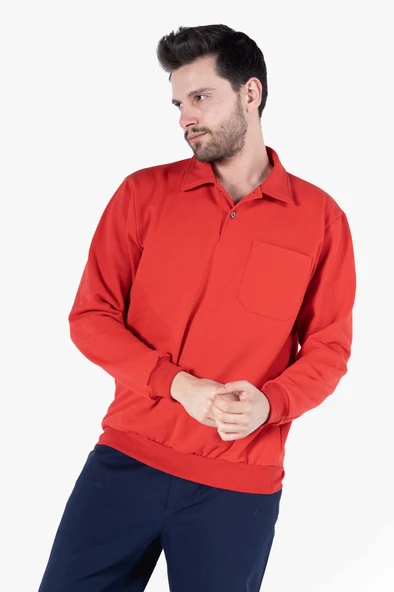 İki İplik Polo Yaka Cepli Sweatshirt - Resim 7