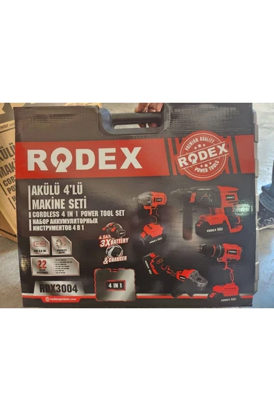 Rodex 4'lü Makine Seti 20V 3x4.0Ah Li-Ion D.Matkap 45Nm D.Somun Sıkma 300Nm Kırıcı Delici 2.5J Avuç Taşlama 125Mm Aksesu - 5