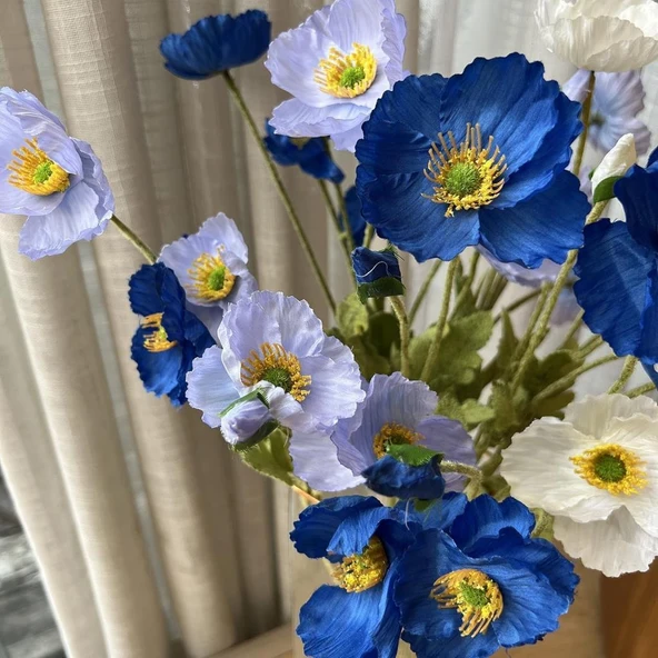 Yapay Çiçek Gelincik Çiçeği Mavi Koyu Renk 3 Çiçek 1 Tomurcuk 59Cm - Resim 8