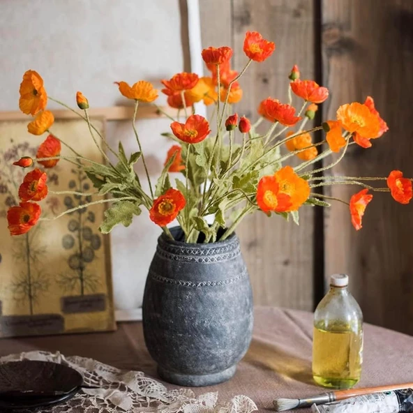 Yapay Çiçek Gelincik Çiçeği Turuncu Renk 3 Çiçek 1 Tomurcuk 59Cm - Resim 5