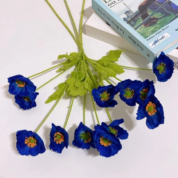 Yapay Çiçek Gelincik Çiçeği Mavi Koyu Renk 3 Çiçek 1 Tomurcuk 59Cm - Resim 4