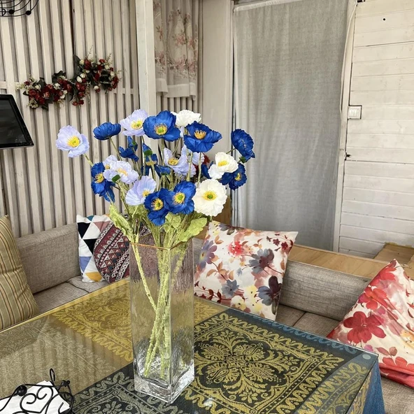 Yapay Çiçek Gelincik Çiçeği Mavi Koyu Renk 3 Çiçek 1 Tomurcuk 59Cm - Resim 7