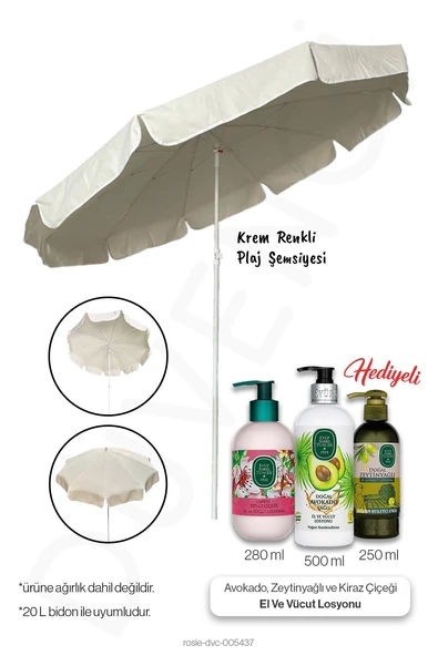 Krem Renk Plaj Şemsiyesi, 10 Telli, 200 CM Çap, Eğim verilebilir ve 3'lü Losyon Hediye ürün görseli