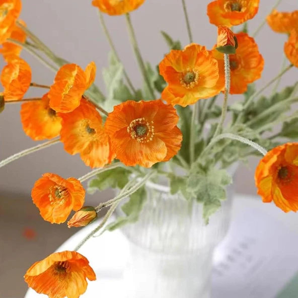 Yapay Çiçek Gelincik Çiçeği Turuncu Renk 3 Çiçek 1 Tomurcuk 59Cm - Resim 3