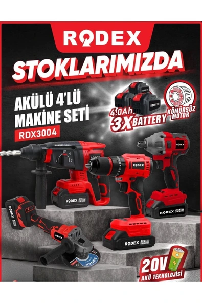 Rodex 4'lü Makine Seti 20V 3x4.0Ah Li-Ion D.Matkap 45Nm D.Somun Sıkma 300Nm Kırıcı Delici 2.5J Avuç Taşlama 125Mm Aksesu - 2