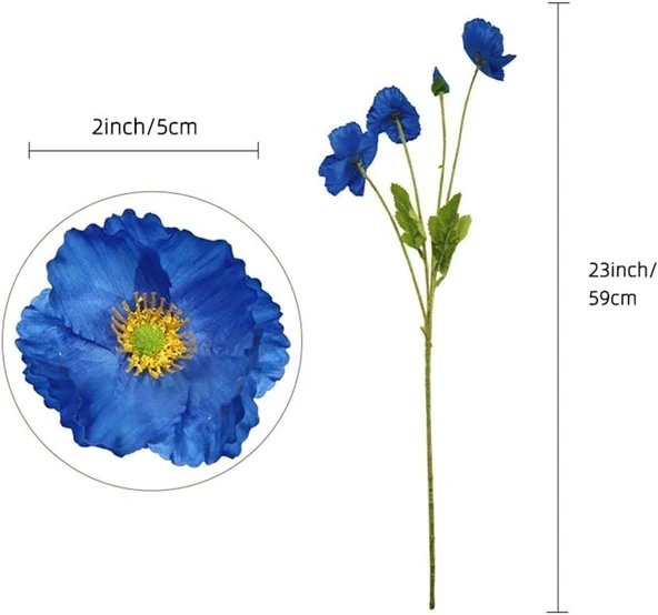 Yapay Çiçek Gelincik Çiçeği Mavi Koyu Renk 3 Çiçek 1 Tomurcuk 59Cm - Resim 2