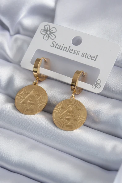 316L Çelik Gold Renk Pentagram İşleme Model Kadın Küpe ürün görseli 1