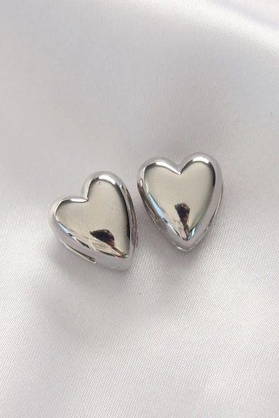 Pirinç Gümüş Renk Minimal Bombeli Kalp Küpe ürün görseli 1