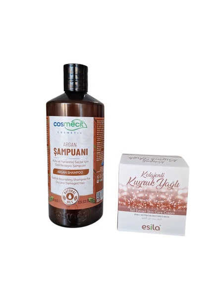 Argan şampuanı 400 ml +kolajenli kuyruk yağlı cilt bakım kremi ikili bakım seti ürün görseli