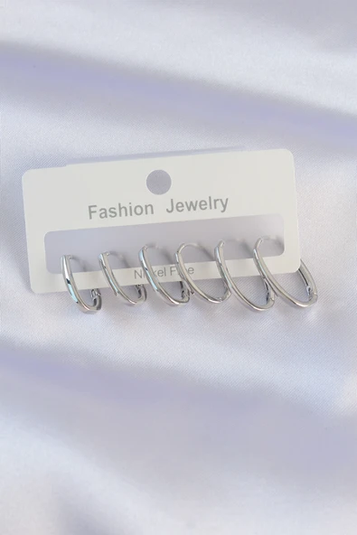 Pirinç Gümüş Renk İnce Oval Küpe Seti ürün görseli 1