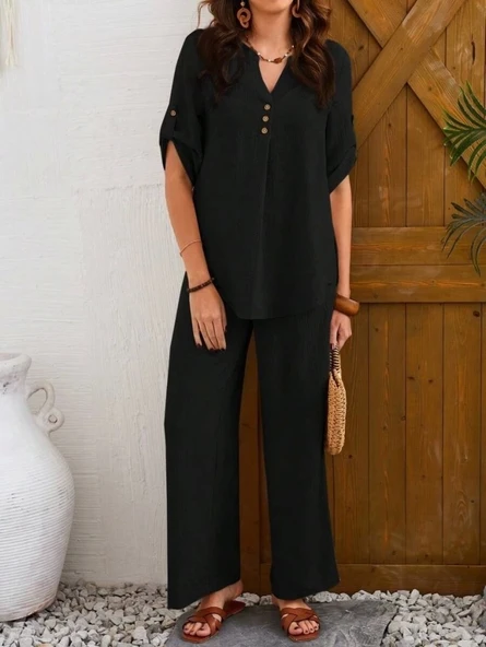 Kadın Kısa Kollu V Hakim Yaka Düğmeli Bürümcük Bluz Ve Pantolon Ikili Takım - Resim 2