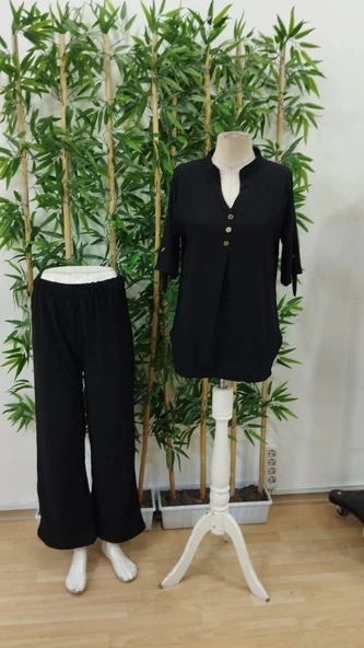 Kadın Kısa Kollu V Hakim Yaka Düğmeli Bürümcük Bluz Ve Pantolon Ikili Takım - Resim 7