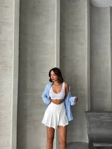 Piliseli düğmeli şort etek beyaz s25813 - Resim 2