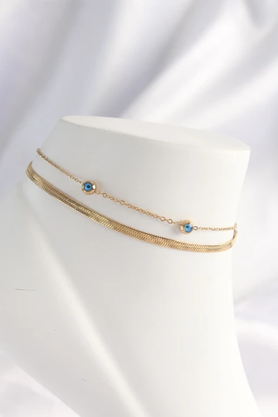 316L Çelik Gold Renk Nazar Boncuk Tasarımlı 2li Halhal ürün görseli 1