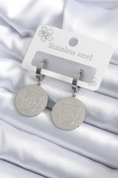 316L Çelik Gümüş Renk Pentagram İşleme Model Kadın Küpe ürün görseli 1