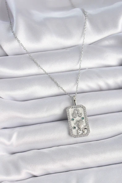 316L Çelik Gümüş Renk Zincir Aslan Burcu Zirkon Taşlı Kadın Kolye - Resim 2