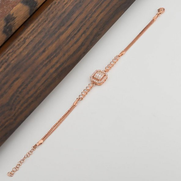 Baget Taşlı Rose Kaplamalı 925 Ayar Gümüş Kadın Bileklik - Resim 2