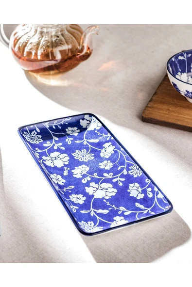 BPA Free Rêve Bleu Rennes New Bone China Dikdörtgen Tabak Mavi Kayık Tabak 22 x 12 Çiçekli 1 Dikdör ürün görseli 1