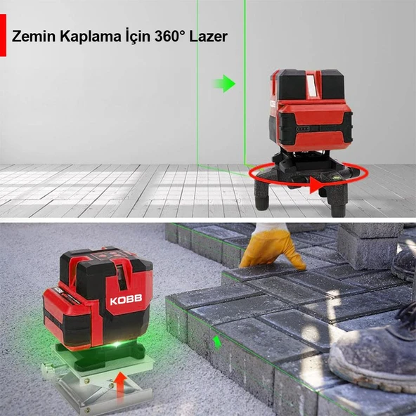 KOBB KBL41GTP 30M 4x90⁰/1x360⁰ Otomatik Hizalamalı Li-ion Çift Akü Profesyonel Yeşil Çizgi Lazer Distomat + Tripod - Resim 4