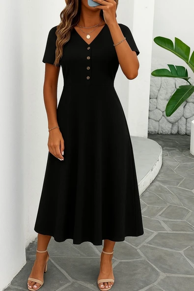 Lucky Life Kadın Kısa Kollu V Yakalı önden Düğmeli Yırtmaçlı Midi Viskon Elbise - Resim 2