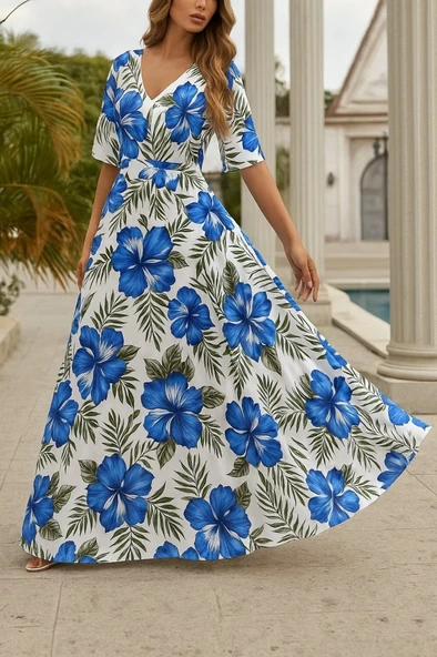 Lucky Life Kadın Kısa Kollu V Yakalı Desenli Süprem Elbise - Resim 3