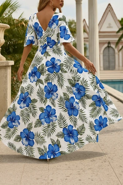 Lucky Life Kadın Kısa Kollu V Yakalı Desenli Süprem Elbise ürün görseli 1