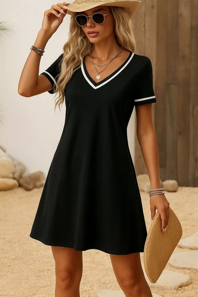 Lucky Life Kadın Kısa Kollu V çizgili Yakalı Kısa Viskon Elbise - Resim 2